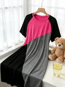 Elegant Round Neck Short Sleeve Dress, Irregular Color Block Design, Loose Fit Long Dress, Breathable and Comfortable, Versatile for Multiple Occasions