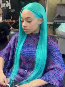 Teal Wig 13x4 Lace Front Wig Mint Blue Long Straight Wig HD Transparent Lace Pre Plucked Natural Hairline Heat-Resistant Synthetic Wig Free Parting Concert Music Festival Look Lace Frontal Wigs for Women Party Cosplay Stage 28 Inches Fit Wig