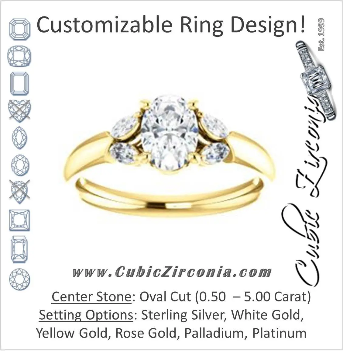 Cubic Zirconia Engagement Ring- The Leeanne (Customizable 5-stone Design with Oval Cut Center and Marquise Accents)