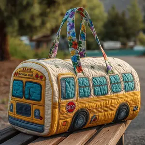 Bohemian quilted weekend travel bag — gym bag, tote, featuring a hip-hop trend school bus design; can also be given as a graduation gift.