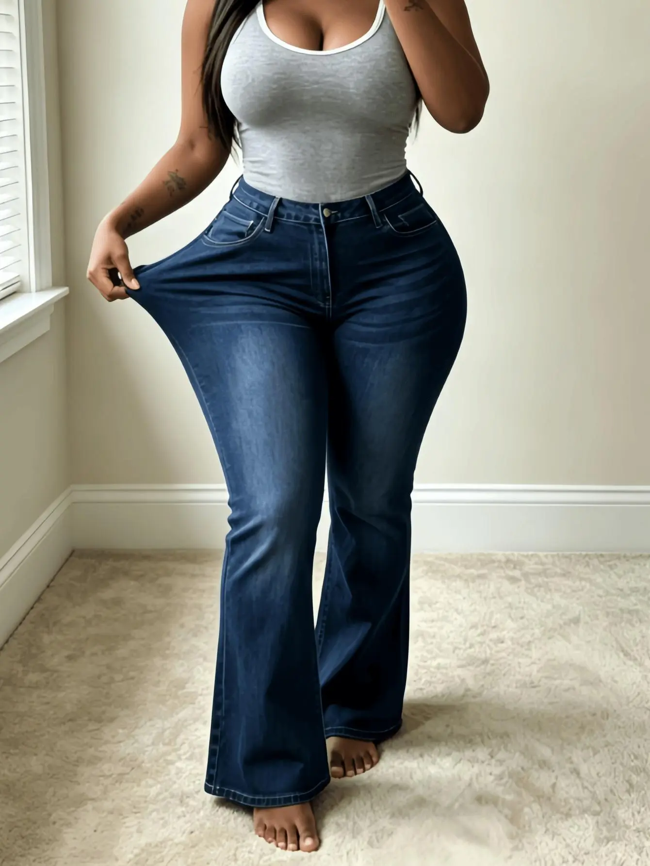 【plus size】US Size 14-22 High Elastic Bell Bottom Jeans,Slim Leg Denim for Casual Weekend Outings WH50