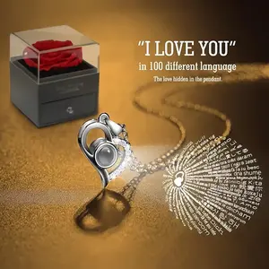 Create a Surprise  100 Languages "I Love You" Projection Necklace – Hidden Message Pendant in 925 Sterling Silver with Black Pearl, Romantic Gift for Her