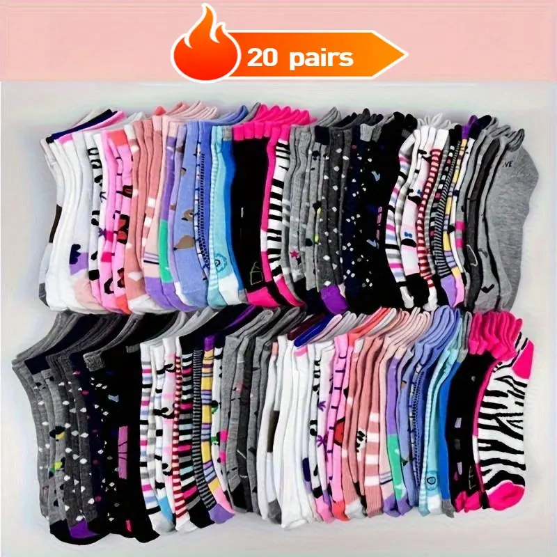 Women's 20-Pair Novelty Cartoon Graffiti Ankle Socks - Soft Comfy Breathable Multicolor Athletic Sports Socks Set, Multicolor Athletic Socks, Soft Comfy Socks