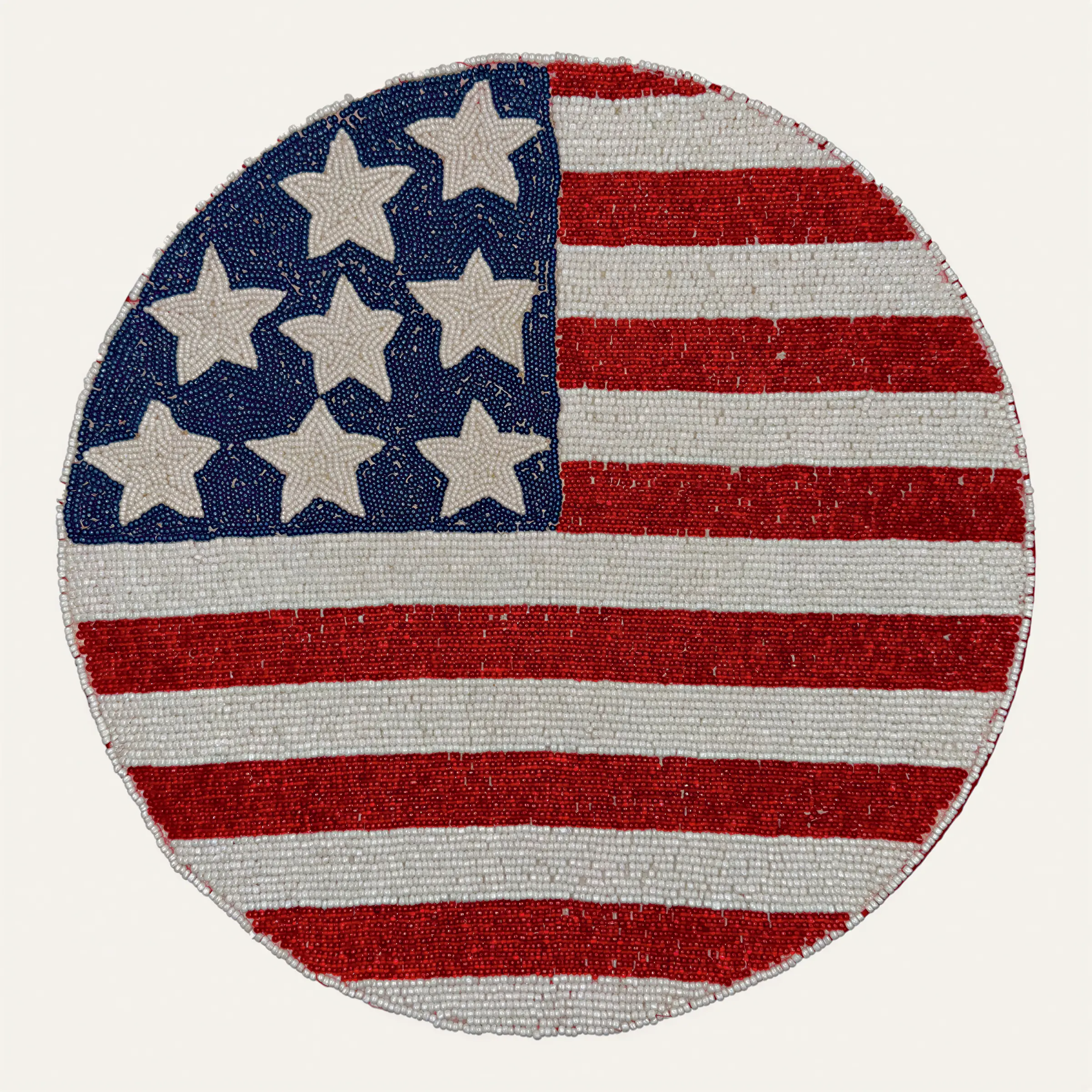 American Flag Round Glass Beaded Placemats Set - Embroidered, Sturdy, Lightweight Traditional Kitchen Tableware with Satin Backing, Handmade Indoor Table Top Decor, Embroidery, Glass Beads