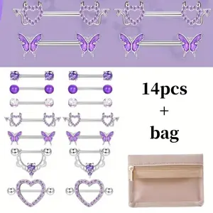 14 Pcs Women's Nipple Ring with Jewelry Storage Bag Surgical Steel Nipple Piercing Rings Heart-shaped Moon Milk Nails Fashion Accessories