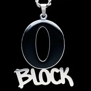 Black O Block Necklace 2" Mirror Polished King Von Pendant in Solid 316L Surgical Stainless Steel with Hard Enamel Finish OTF Lil Durk Free Gift Included