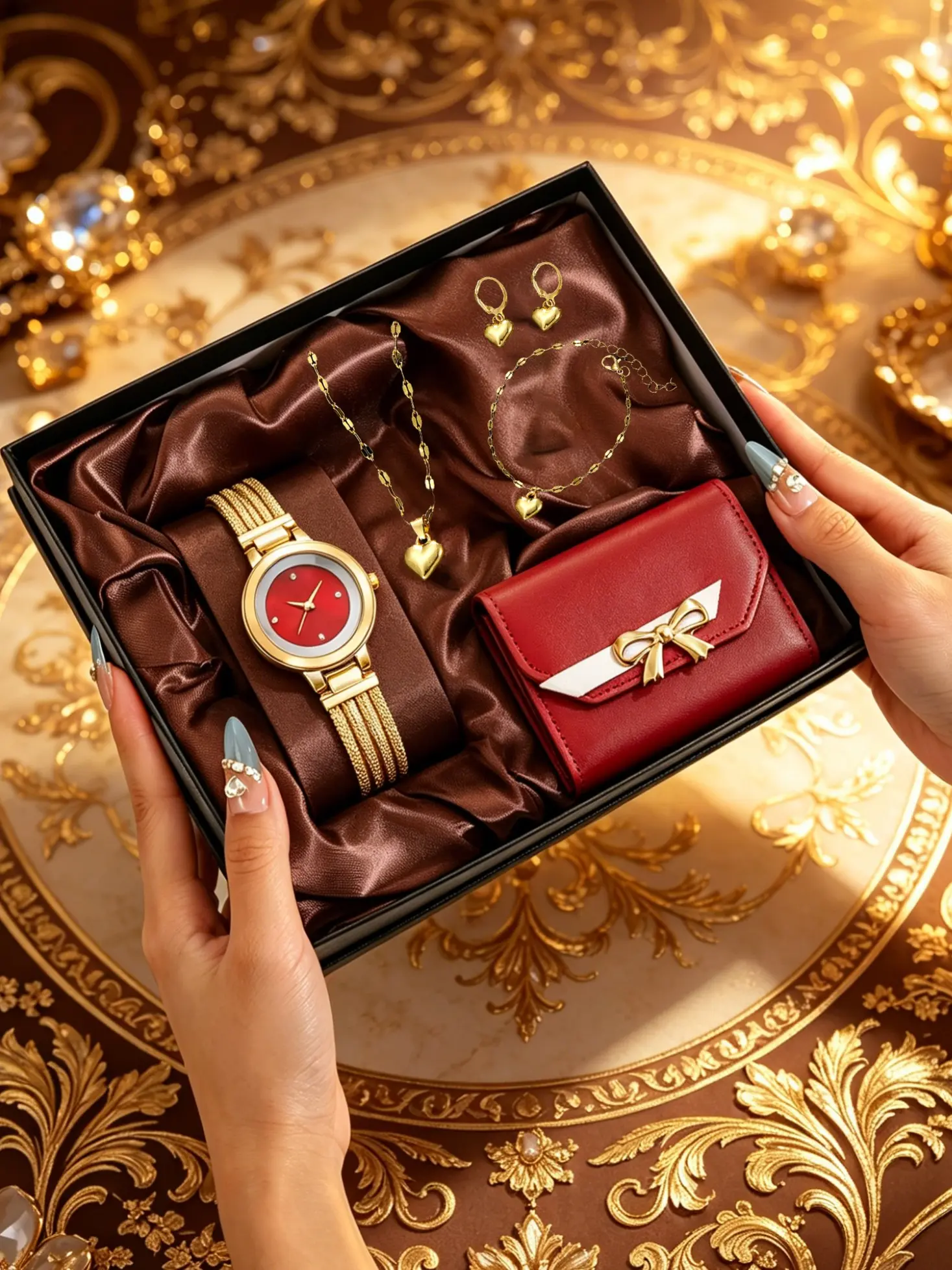 6pcs Mother's Day Gift Set, Luxury Gold Jewelry Watch Box, Watch Necklace Bracelet Earrings Wallet, Practical Gift for Mom, Fashionable Jewelry Set