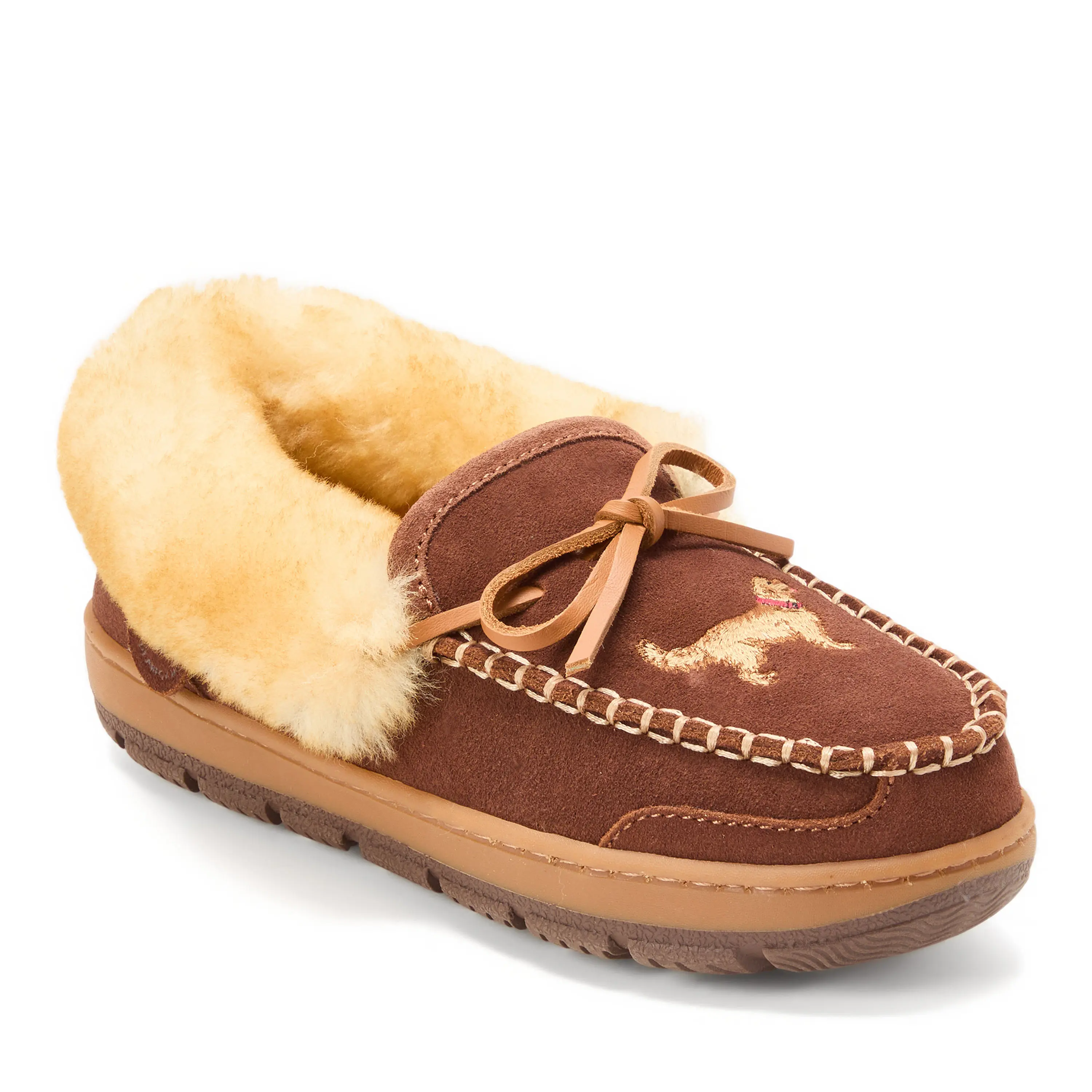 Fireside by Dearfoams Women's Gladstone Genuine Shearling Suede Moccasin Shoe, Stitched Footwear
