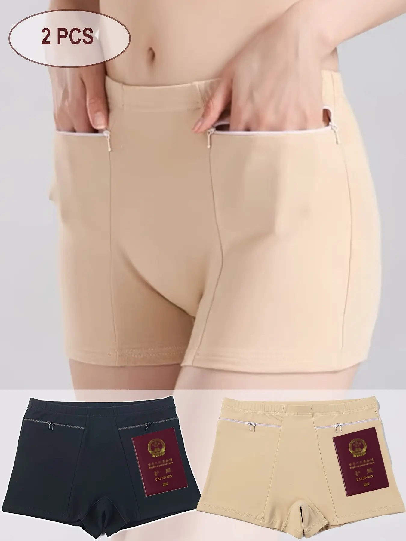 2 Pack Women Safety Shorts with Zipper Pockets, Anti-Chafing Stretchy Breathable Under Dress Travel Security Boyshort Undershorts