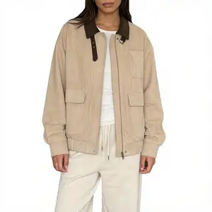 LADYFUL Women's Faux Suede Leather Jacket Casual Fall Winter Oversized Bomber Barn Coat Corduroy Collar Trendy Outerwear