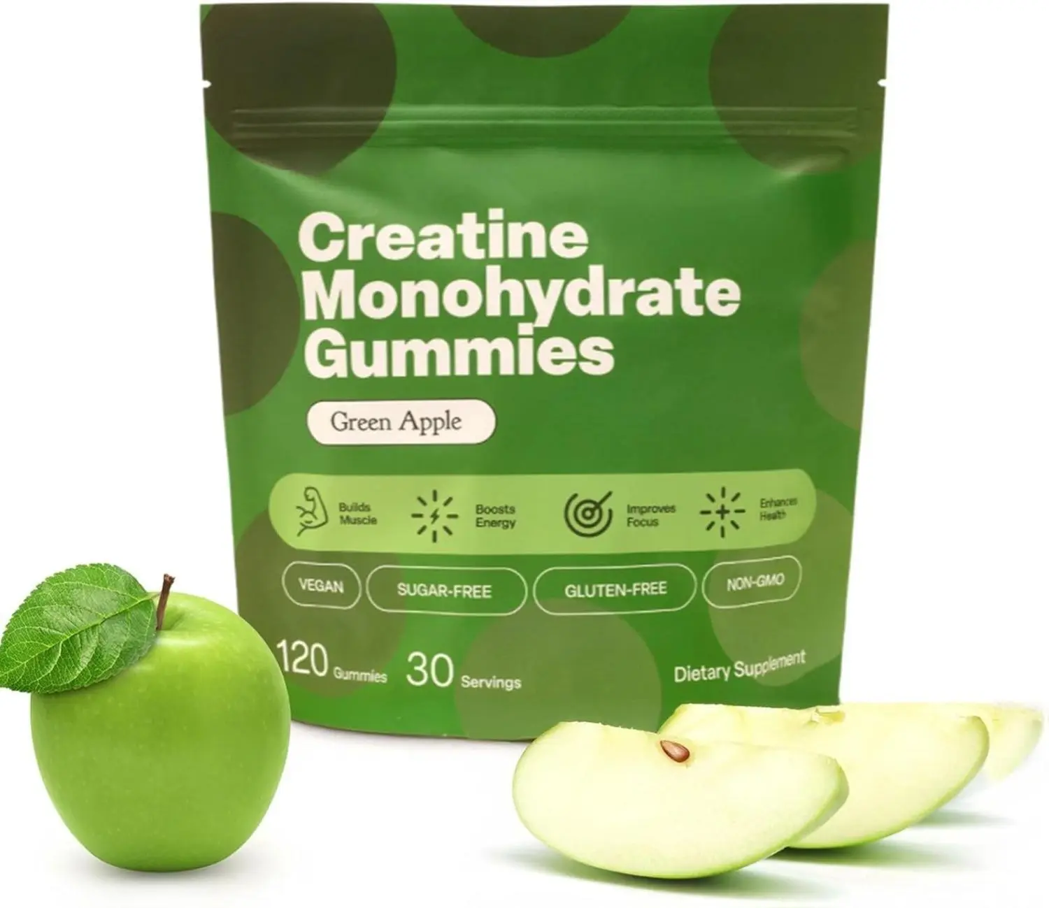 Creapure Creatine Gummies 5g + Taurine & B12 - Sugar-Free, Vegan, Gluten-Free - Green Apple - 120 Count (30 Servings) for Strength, Energy & Focus