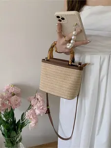 Handwoven Bamboo Knot Handbag, Casual Trendy Handbag, Straw Weaving + PU Leather Patchwork, Artsy, Bamboo Knot Handle Design For Handheld/Crossbody 2-Way Use, Large Capacity Layered Storage For Phone/Keys/Lipstick, Beach/Travel