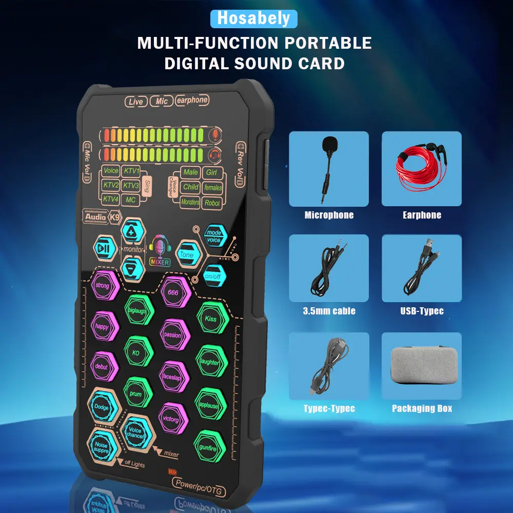 Hosabely SK9 Mini Handheld Voice Changer Sound Card Set - Portable Audio Interface, Mini Microphones (Voice Changer Mic) for Karaoke, Streaming, Household Phone Accessories