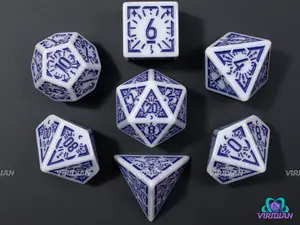 Indigo Dawn Stars | White and Purple-Blue Ornate Star Design | Acrylic Dice Set (7)