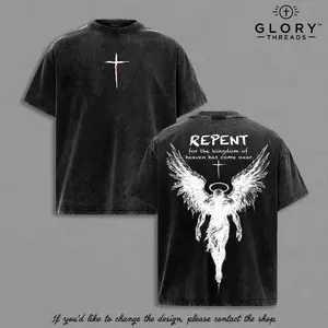 Repent Vintage Washed Oversized Christian T-Shirt, Angel Wings Faith Graphic Tee,“Kingdom of Heaven Has Come Near”Gospel Streetwear Top,Heavy Cotton Unisex Retro Worship Shirt