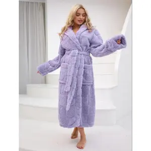 Women’s coral wool bathrobe, hooded long-sleeve pajamas, warm and thick padded robe with drawstring and double pockets GARMENTARY