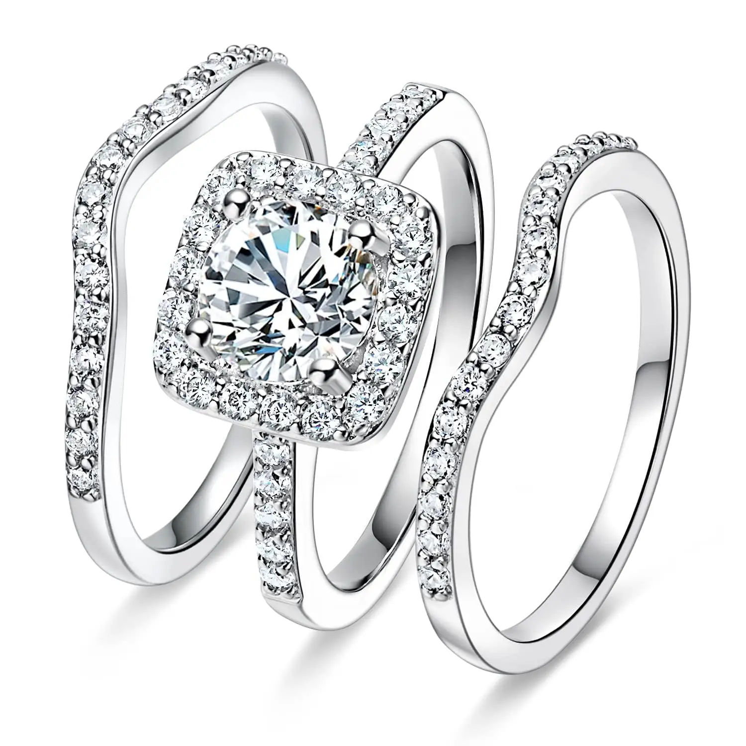 MDFUN 1.5 CT Round Opal Halo Stackable Ring Set Three-in-One Promise Engagement Wedding Bands Perfect Gift for Her R-0969 Vintage Bridal Elegant Everyday Ring