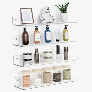 [New Deal] Acrylic Shelves for Wall Storage 4 Pack 15" Floating Shelves for Bathroom, Bedroom, Kitchen, Living Room, Room Decor, Display Shelf Organizer, Clear
