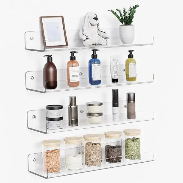 [New Deal] Acrylic Shelves for Wall Storage 4 Pack 15" Floating Shelves for Bathroom, Bedroom, Kitchen, Living Room, Room Decor, Display Shelf Organizer, Clear, Space Saver