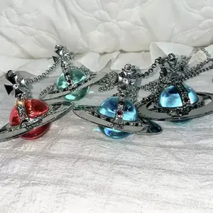 Gothic Saturn Planet Pendant Necklace Purple Red Rhinestone Hip Hop Punk Orbital Planet Chain Dark Aesthetic Jewelry Gift