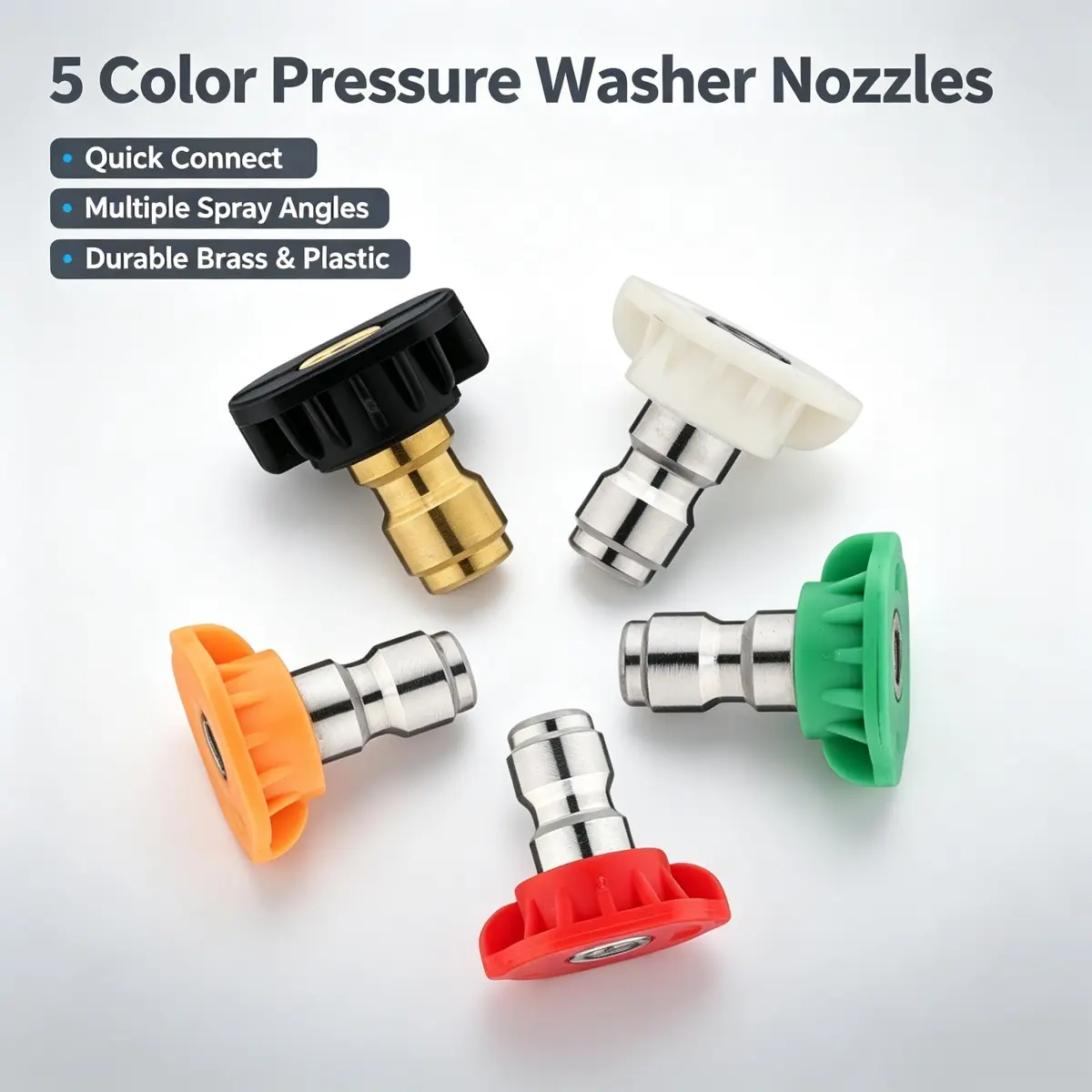Pressure Washer Spray Nozzle Tips, 5 Pack Stainless Steel & Brass Power Washer Tips, 0°/15°/25°/40°/65° Multiple Spray Angles, 1/4 Inch Quick Connect, Max 5000 PSI, 3.4 GPM for Pressure Washers