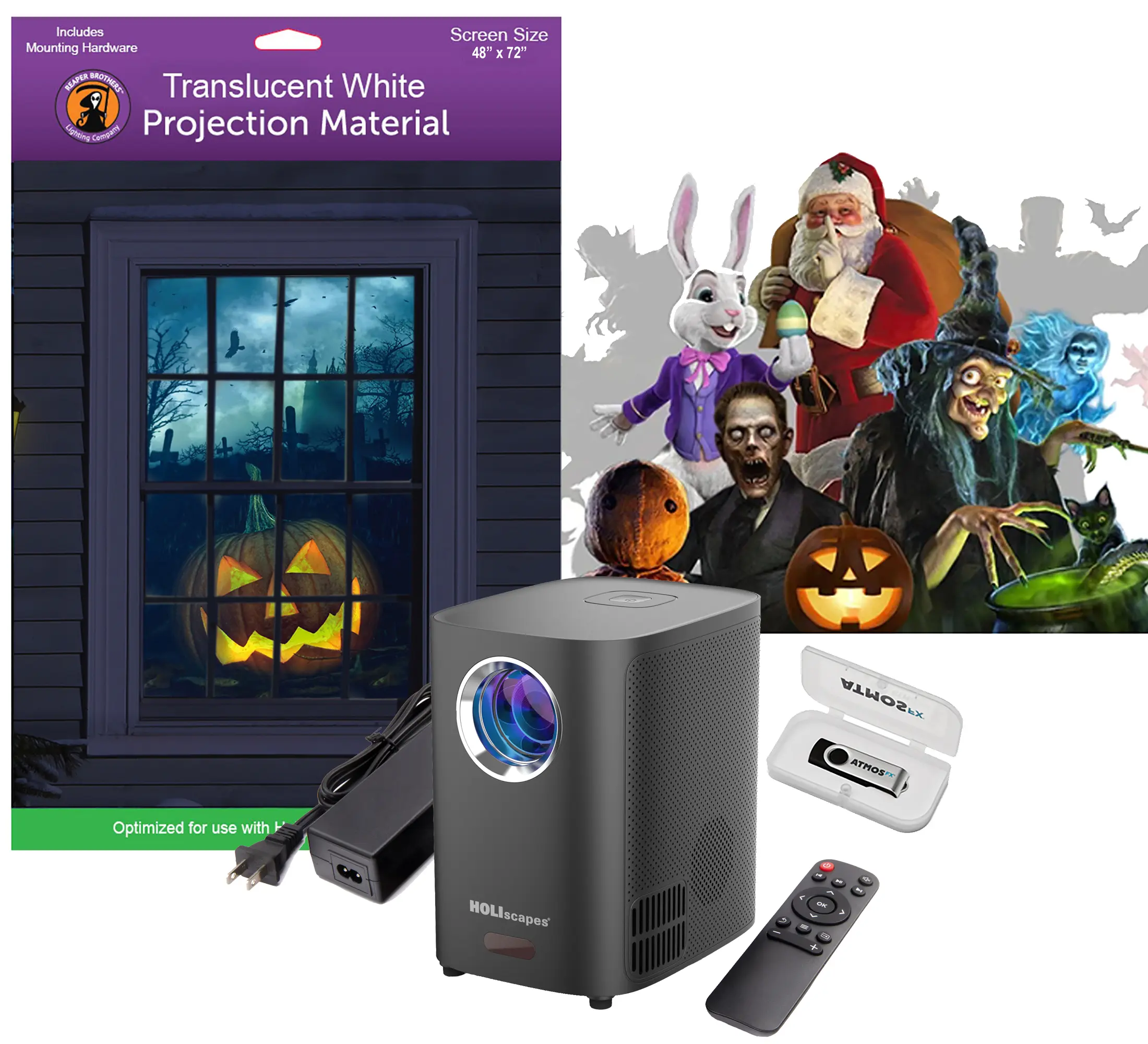 Holiday Digital Decoration Kit Includes 16 AtmosFX Video Effects for Halloween, Christmas and More Plus HD Super Bright Projector and 48” x 72” Holographic Projection Screen