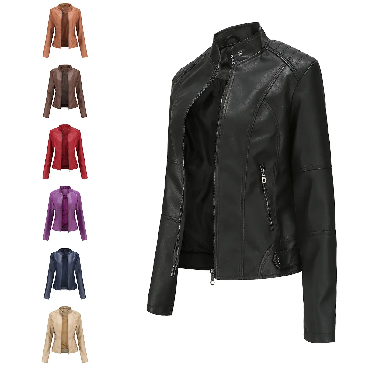 Women's Slim Fit Faux Leather Jacket Stand Collar Motorcycle Style Spring Autumn Plus Size Outerwear in Multiple Colors Long Sleeve Fitted High-end  Outfits