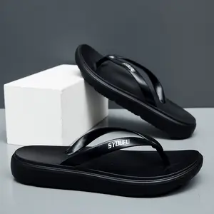 Men’s Cloud Cushion Platform Flip Flops - Black Thick-Sole Toe Post Walking Shoes, Non-Slip Beach Sandals
