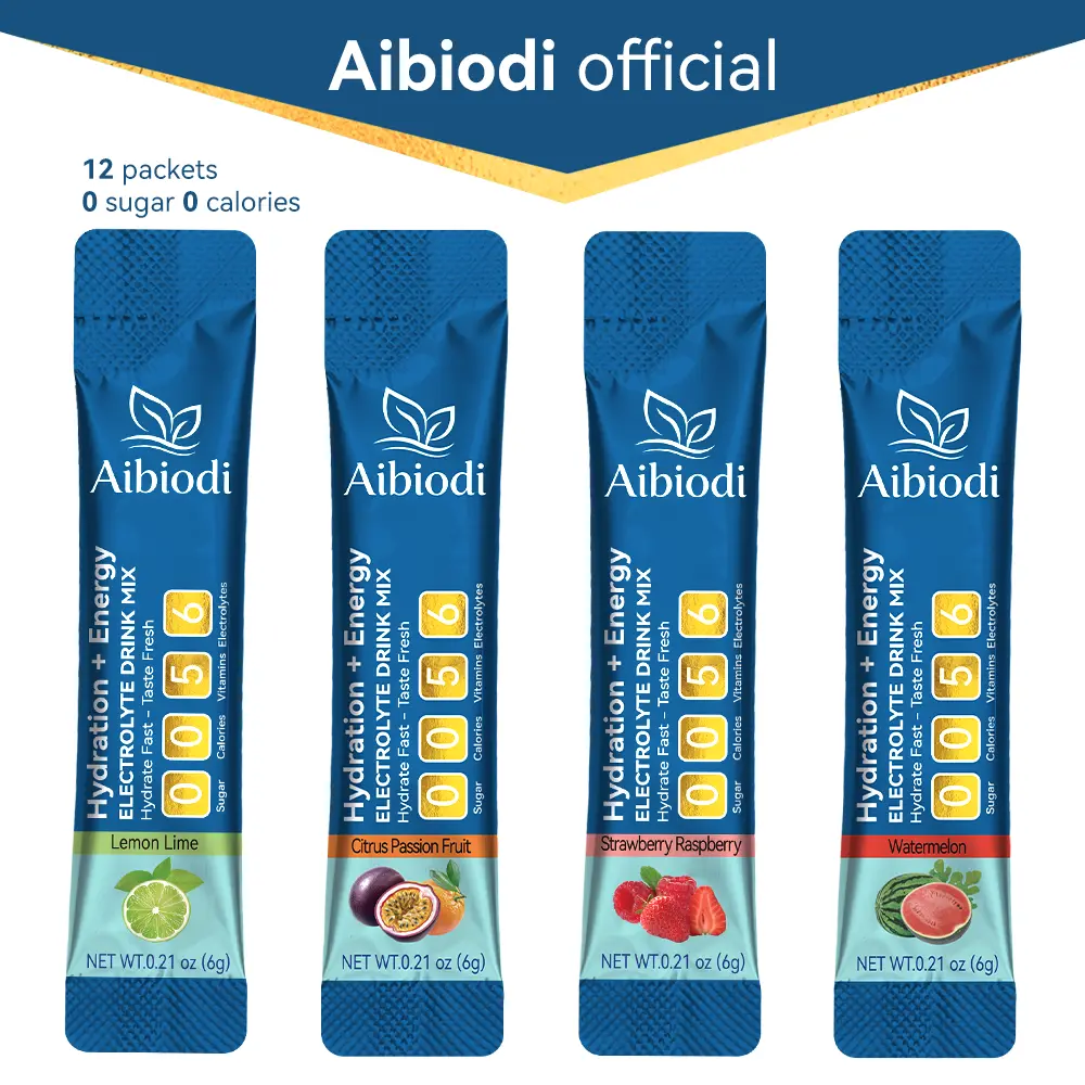 Aibiodi Electrolyte Powder Stick 1-Piece Trial Pack - Sugar-Free Daily Supplement, 6 Vitamins Energy Booster, Natural Wellness Boost, Gym-Bag Ready, Heat-Day Refresh, Mix-in-Seconds Hydration Drink Mix, Multiple Fruits Flavors, Made in USA