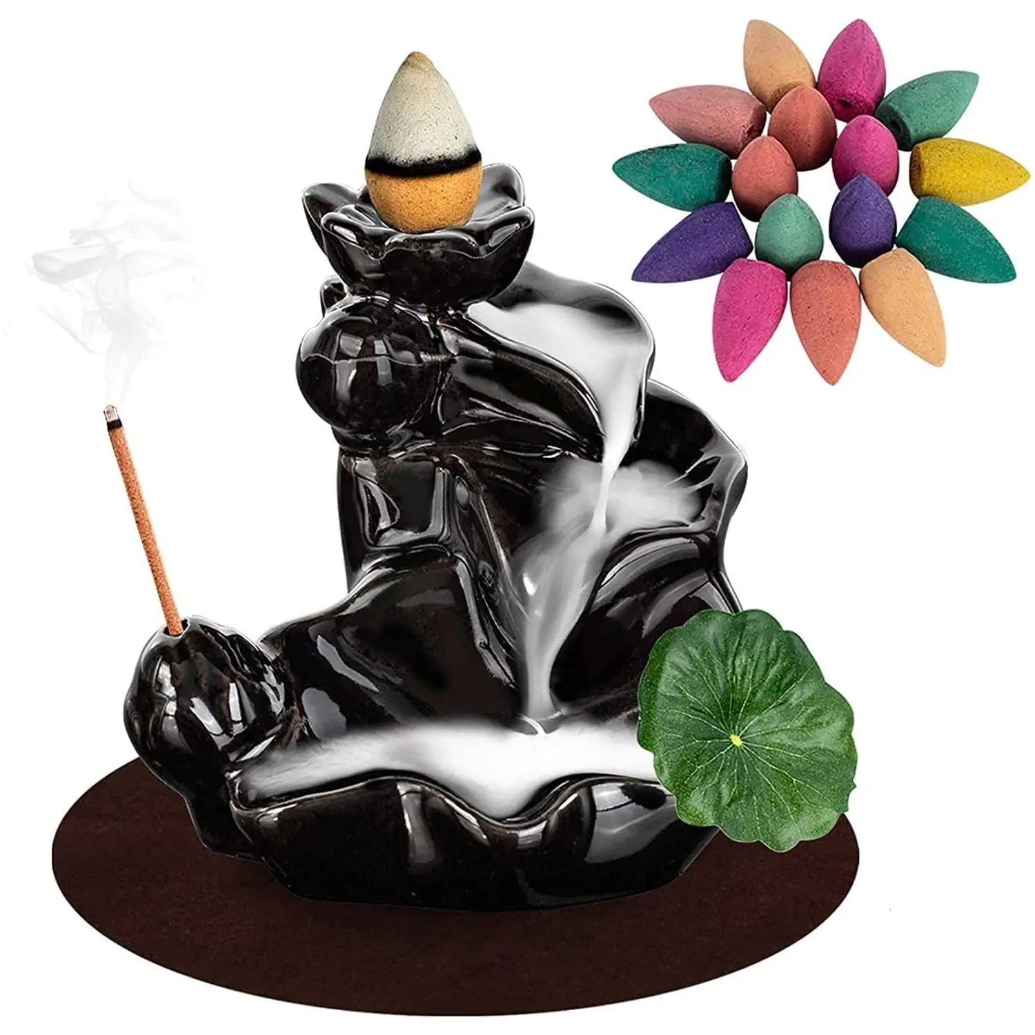 Waterfall Incense Holder Backflow Cone Ceramic Burner Handcrafted Porcelain Censer Incense Stick Stand Scented Fragrance Aroma Home Fragrance Decor with 1pc Villus pad, 1pc Lotus blatt, 10pcs Cones