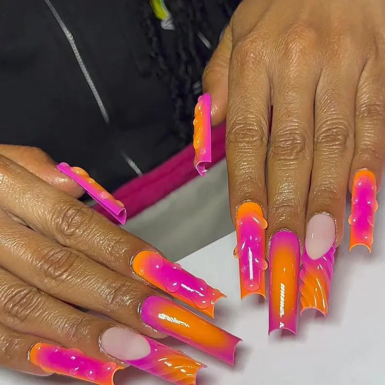 Fuchsia-Orange Aura Sunset Ombre Coffin Press-On Nails Set for Nail Art Decoration