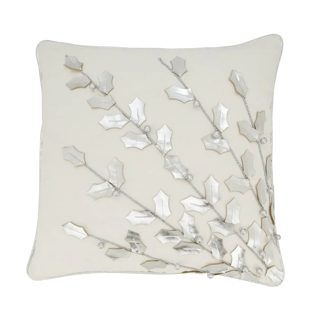 Saro Lifestyle 2081.S18S 18 in. Metallic Poinsettia Branch Design Holiday Cotton Square Poly Filled Throw Pillow, Silver
