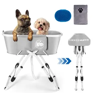 Lucky Muffin Premium Elevated Dog Bath Tub - Foldable & Portable Wash Station for Indoor & Outdoor Bathing & Grooming. Support Cats, Dogs up to 140 lbs. 5 Adjustable Heights - No More Back Pain!