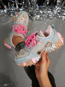 Women's Thick Sole Height Increasing Sneakers, Sparkling Casual Shoes, Y2K Street Style, All-Season Wear, Textile Upper