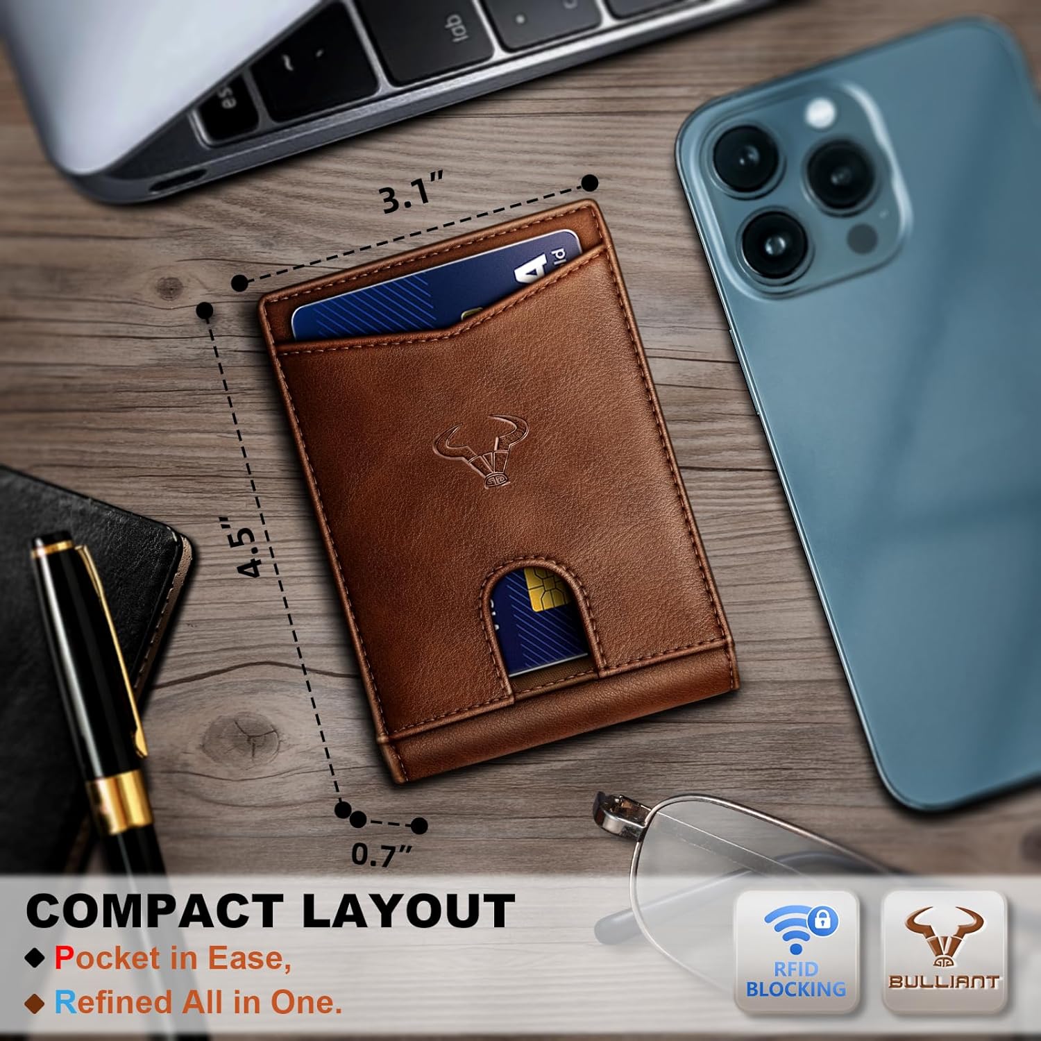 BULLIANT Men's Slim Wallet with RFID Blocking, Leather Bifold Wallet Front Pocket Card Holder with 11 Card Slots, Gift for Men