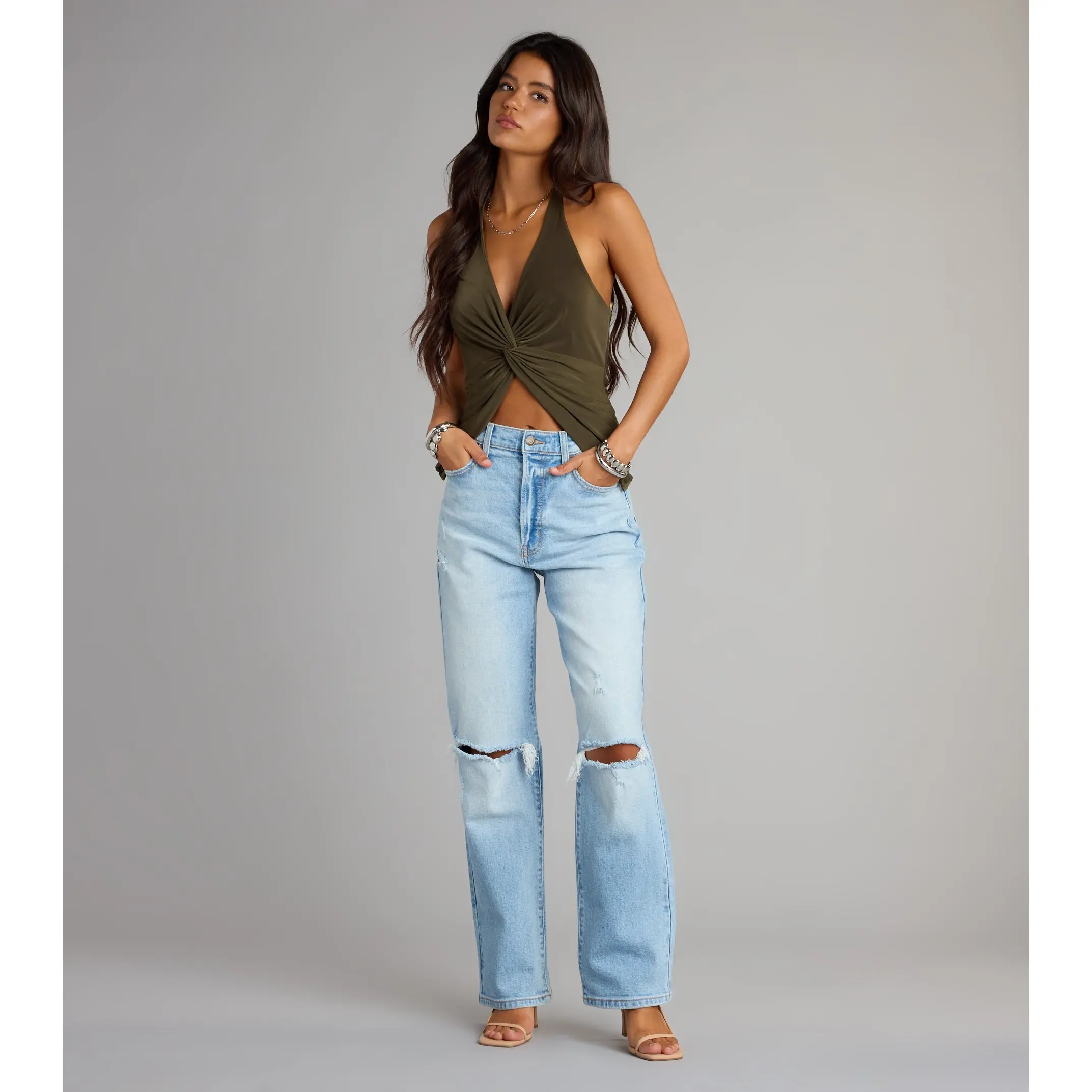 High-Rise Distressed Boyfriend Jeans