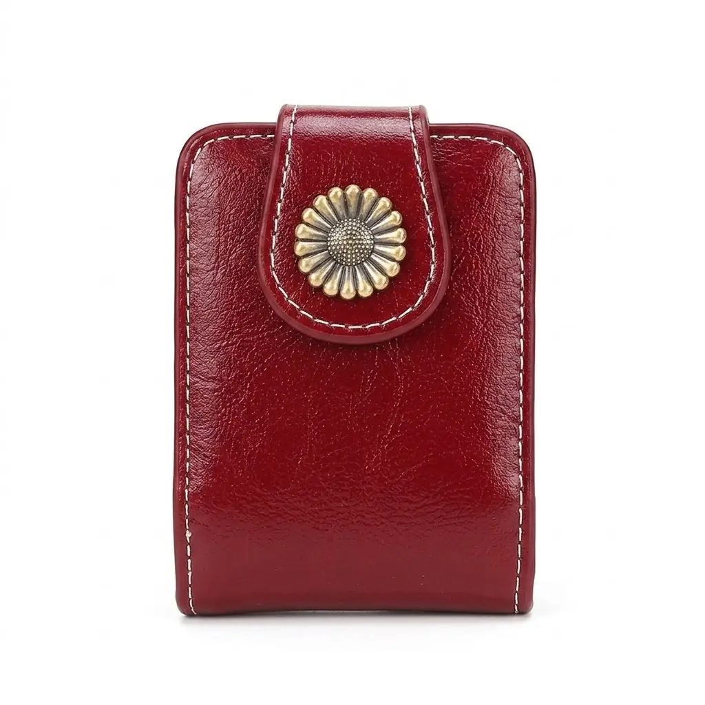 Vintage Cowhide Leather Makeup Pouch for Purse, Women's Mini Lipstick Holder with Built-in Mirror and Sunflower Snap Closure, Cosmetics Bag, Travel Cosmetic Bags, Makeup Storage Organizer, Chic