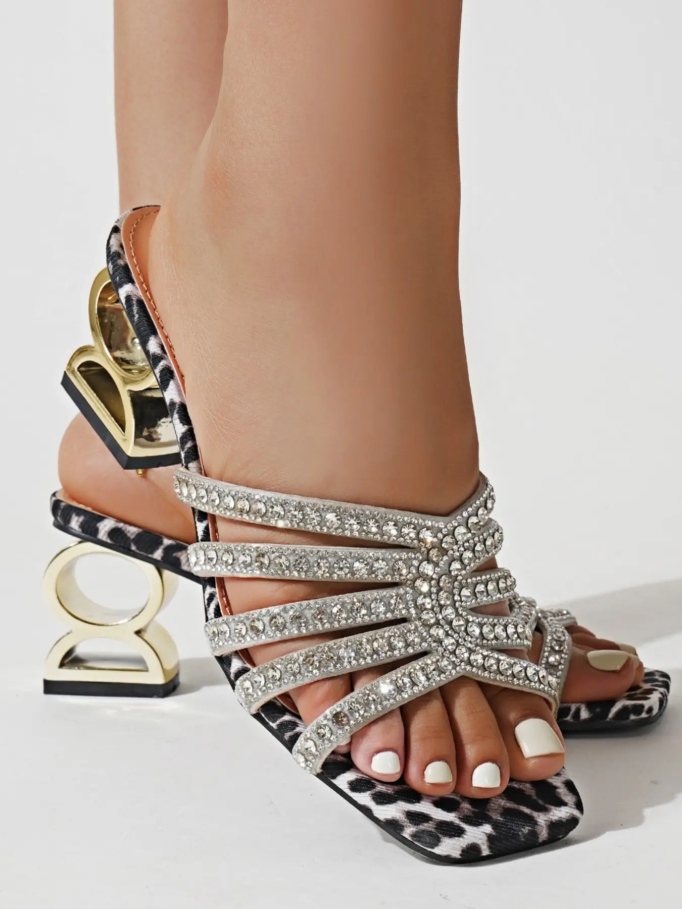 Women's Leopard Print Rhinestone Chunky Heel Sandals, Boho Rhinestone Sandals, Embellished Sandal, Summer 2026 New Arrival, Square Toe High Heel Slippers, Elegant Dress Shoes