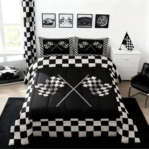 Checkered Flag Comforter Set,Black and White Bedding Set,Racing Theme Comforter,Geometric Grid Quilted Duvet Set,Bedroom Collection