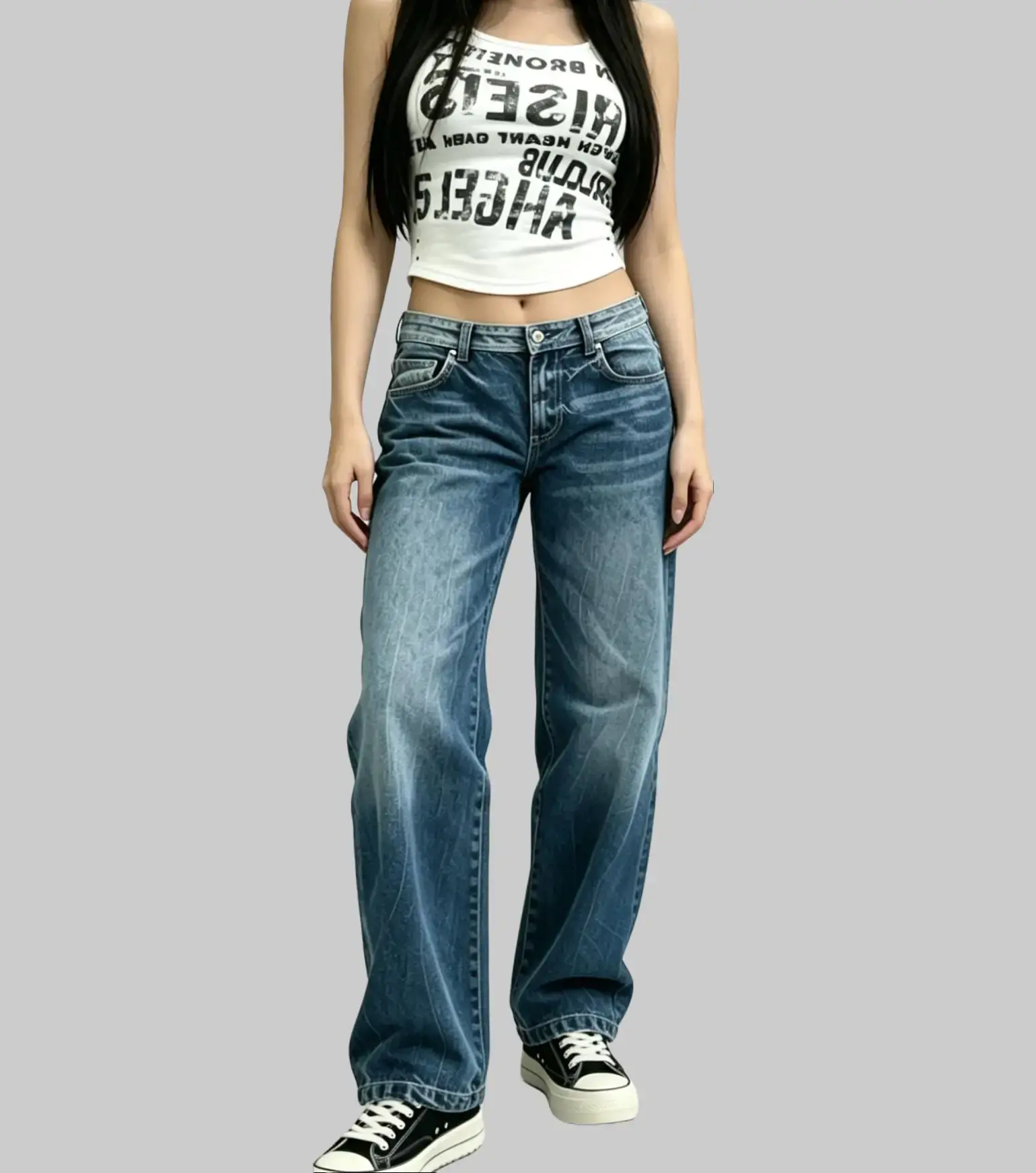 Women's Petite-Friendly American Style Retrowashed Flared Denim Jeans - Casual, Loose-Fitting, Versatile Womenswear for Daily Fashion, Jean