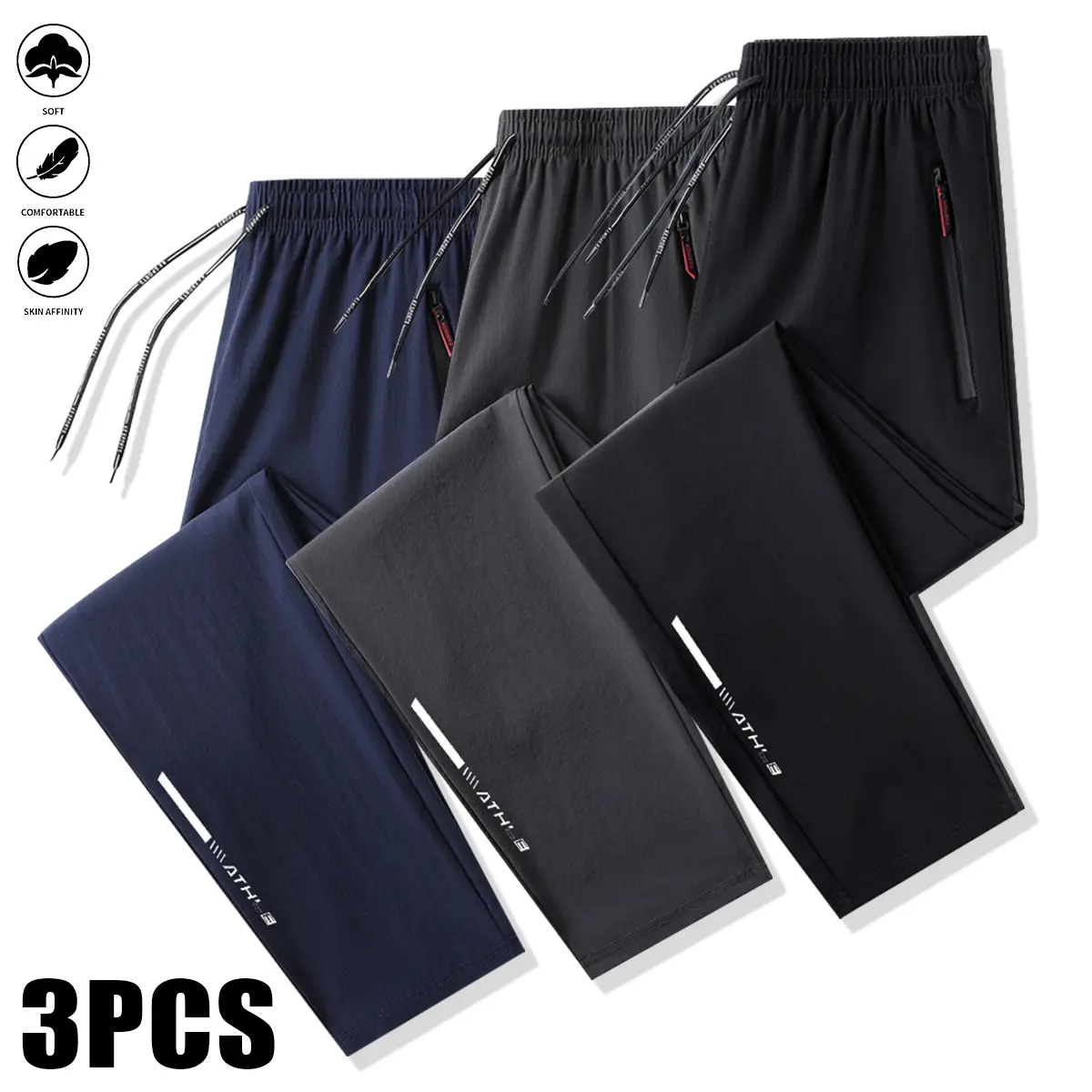 Men's 3-Piece Large-Sized Polyester Sports Casual Pants - Tracksuit Pants, Athleisure Bottoms, Sports Casual Bottoms for Training & Fitness, Simple Lines, Summervibes Black Gray Blue, Extra Large Size