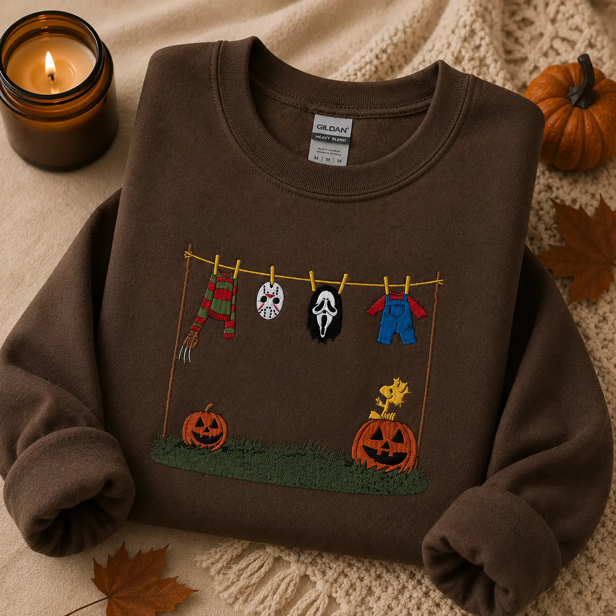 Halloween Horror Clothesline Embroidered Sweatshirt, Spooky Embroidery Crewneck, Jason Ghostface Freddy Chucky Sweatshirt, Fall Halloween Gift