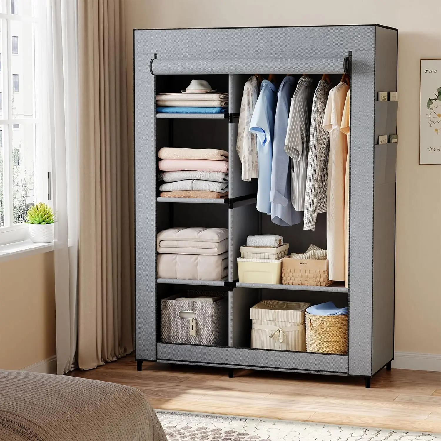 Portable Closet Wardrobe 64.2in, Covered Garment Rack with 5 Storage Shelves & Hanging Space, Dustproof Clothes Organizer for Bedroom Dorm Small Apartment – Wardrobe Closet
