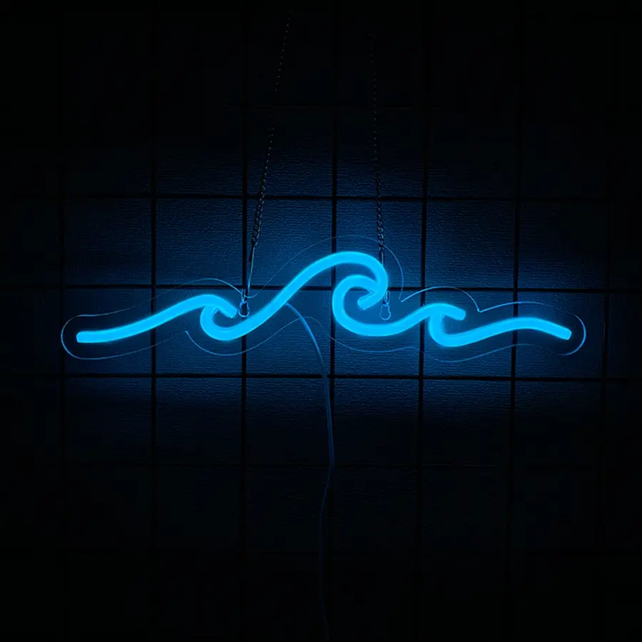 Wave Neon Signs for Bedroom, Ice Blue LED Neon Signs for Wall Decor, Night Lights USB Powered, Tropical Decor for Living Room, Bar, Dorm, Birthday Gift, Wedding Party