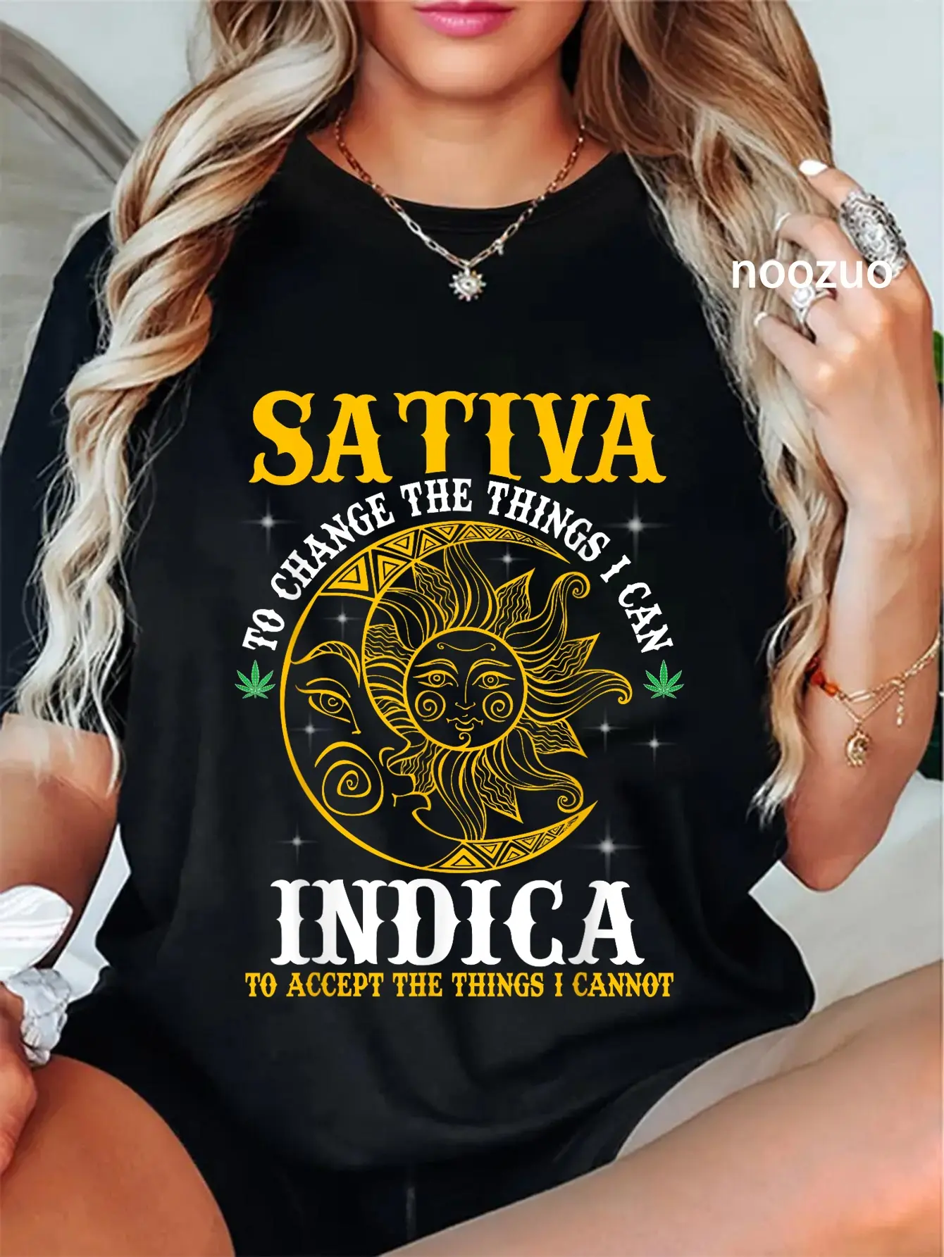 Women's 100% Cotton Crew Neck Short Sleeve Loose-Fitting Pull On Graphic T-Shirt - Casual Streetwear, Cannabis Theme, Sativa/Indica Fun Design, Vintage Top, Large