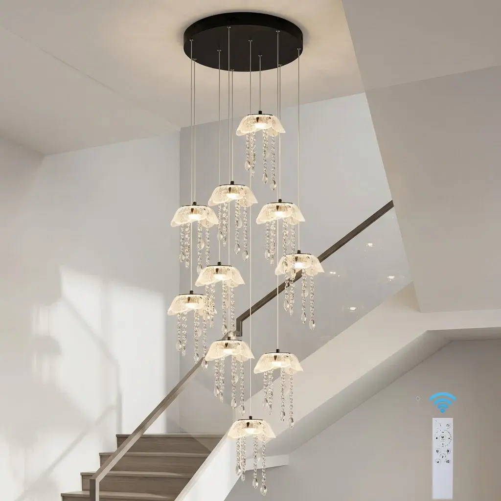Contemporary 10-Light Crystal Chandelier for High Ceilings, 54W LED Jellyfish-Inspired Pendant Light with Remote, Dimmable Adjustable Fixture for High-Ceiling Dining Area, Dining Room