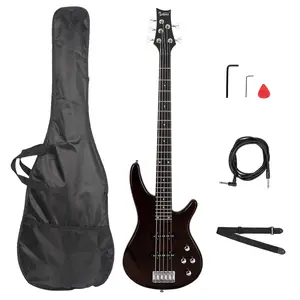 Full Size 5-String Electric Bass Guitar, Earth Brown, Basswood Body, Maple Neck, Rosewood Fingerboard, Split Single-Coil Pickup, with Adjustable Guitar Strap, Carry Bag and Accessories