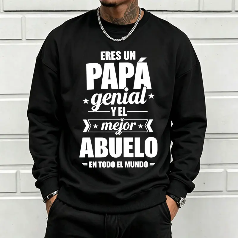 Men's Latin American Spanish Dad-Themed Printed Sweatshirt, Polyester Blend Loose-Fit Tops, Drop-Shoulder Medium Length Round Neck Bold Lettering Pullover, Machine Washable Menswear Casual Long Sleeve