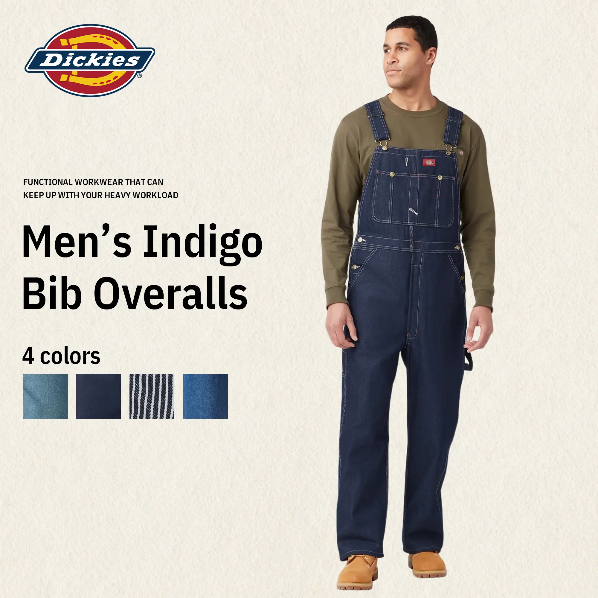 Dickies | Indigo Bib Overalls, Men's Overalls Workwear,100% Cotton,Multiple Pockets,With Hammer Loop for Tools