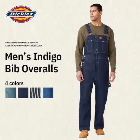 Dickies | Indigo Bib Overalls  Men's Overalls Workwear 100% Cotton Multiple Pockets With Hammer Loop for Tools